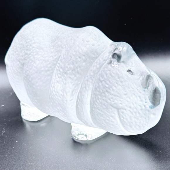 Viking Glass Frosted Textured Hippo Figurine Handmade Art Glass Paperweight - Picture 2 of 7